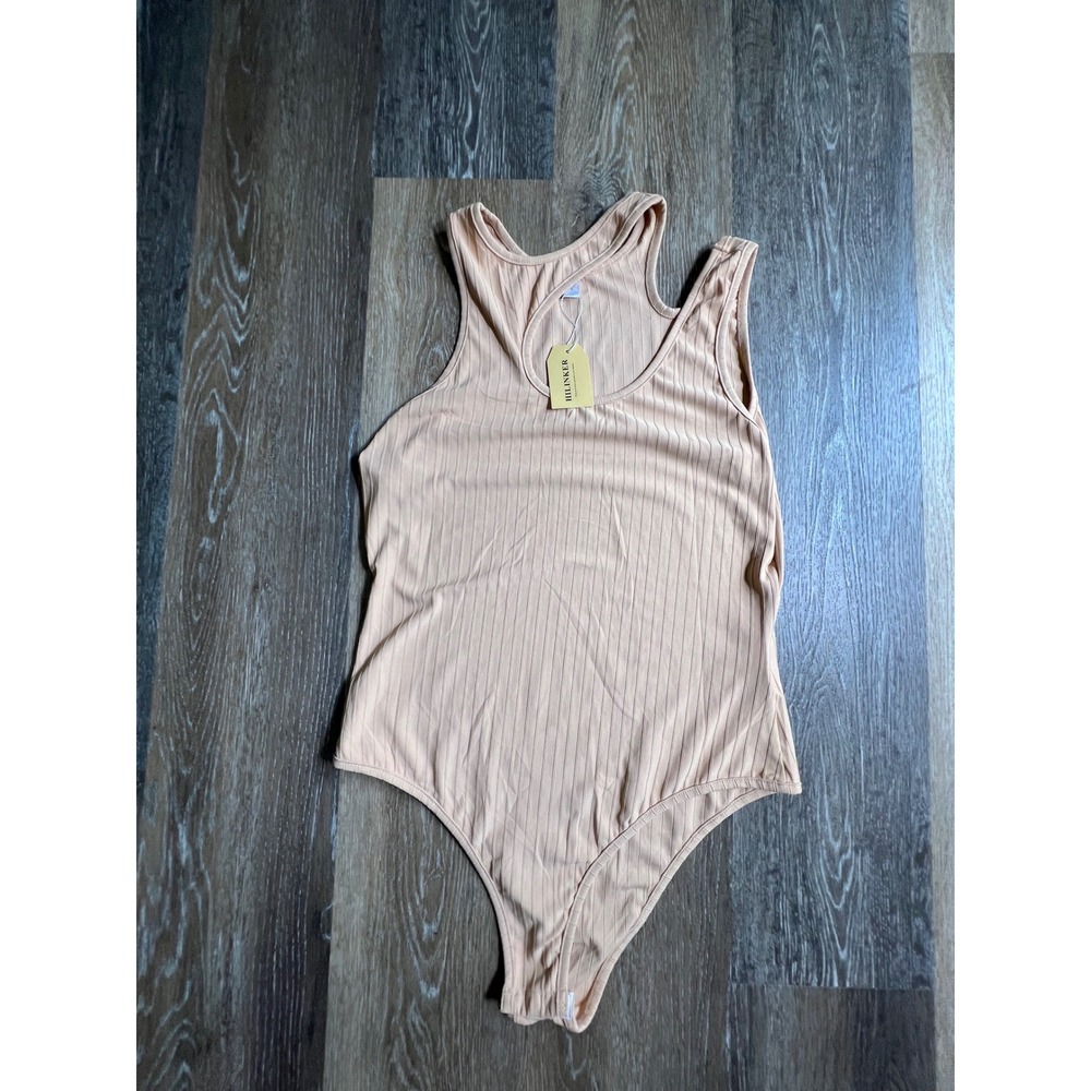 HILINKER Ribbed Bodysuit Womens Large Beige New Cutout Asymmetrical Tank Top‎